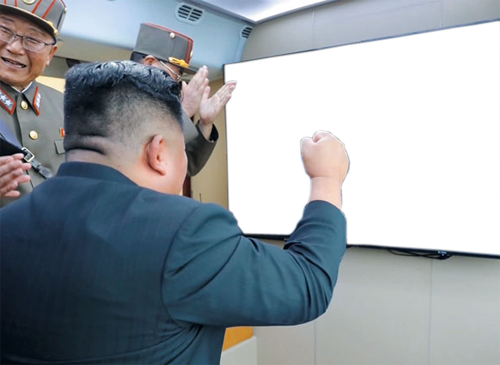 김정은 북한 모니터 박수 주먹 불끈 미사일 발사 티비